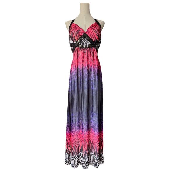 2B Bebe Animal Print Babydoll Maxi Dress Sz L Maximalism Y2K 2000s Halter Lined - Picture 1 of 11